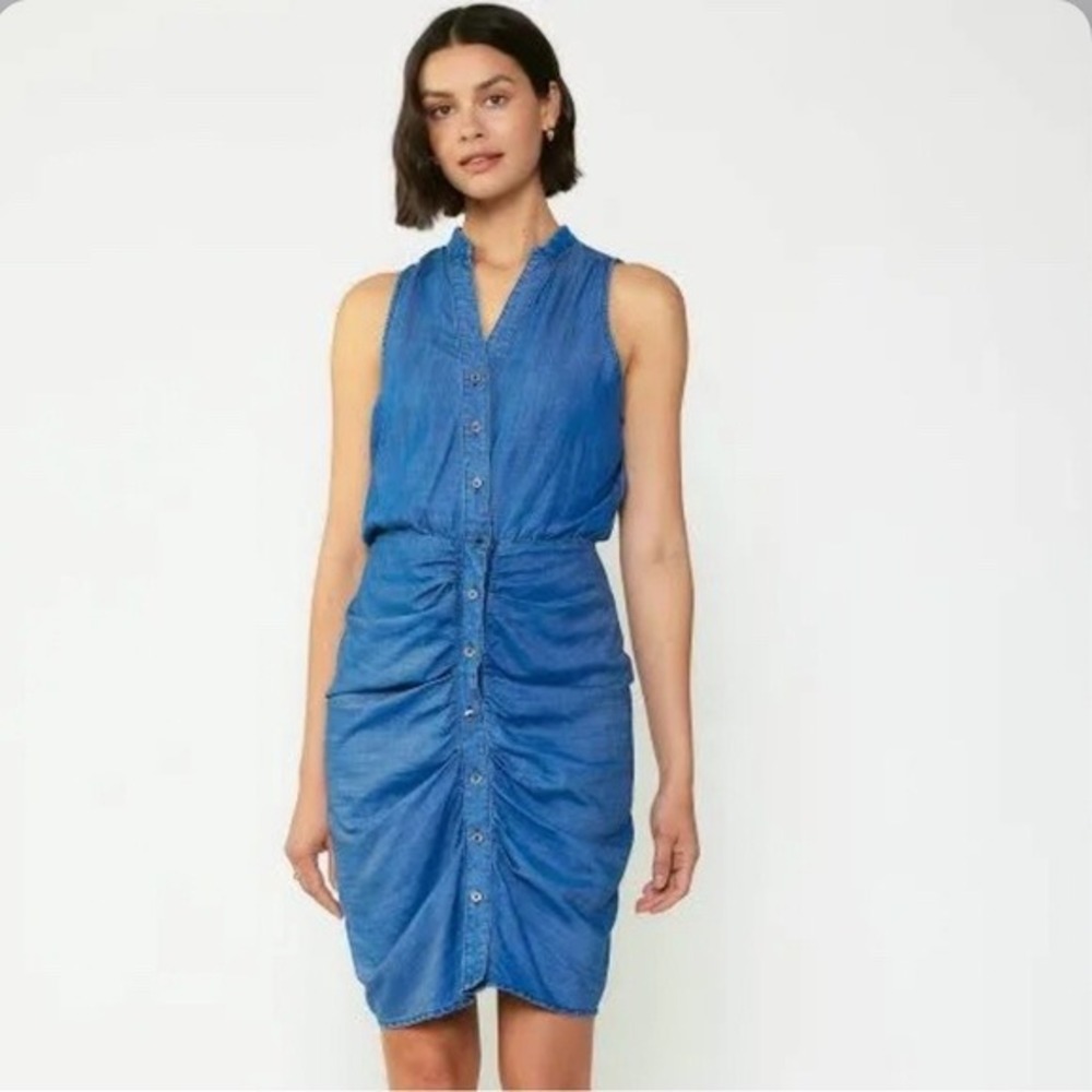 Current Air Ruched Chambray Linen Button Front Mini‎ Dress Size Small